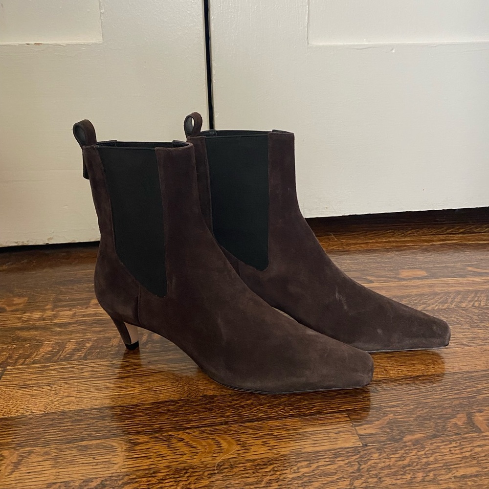 Suede Kitten Heel Ankle Boots - Dark Brown